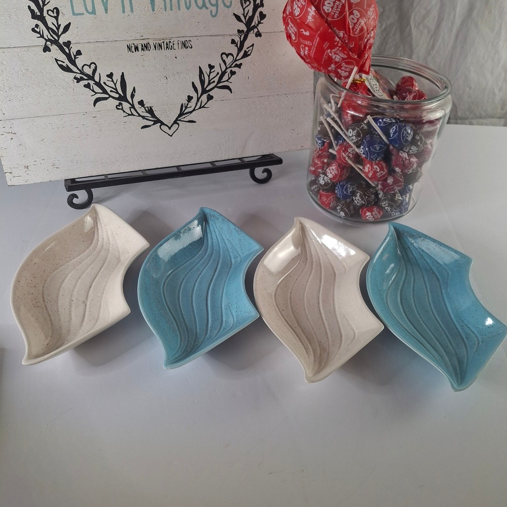 Vintage MCM L-33 USA Ceramic Leaf Chip and Dip Set Speckled Blue Cream 6 Pieces - Picture 4 of 9